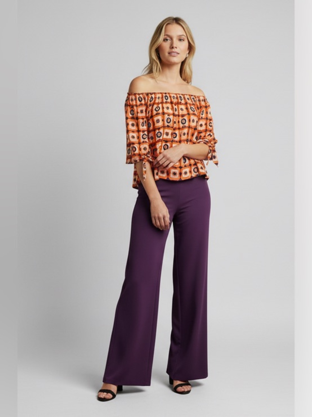 GRID & GLOW OFF THE SHOULDER GEOMETRIC PRINT TOP Orange